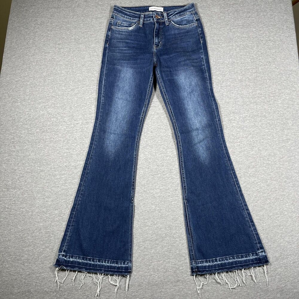 Flying Monkey Flared Jeans Womens 27 Blue Medium Wash Slim Fringe